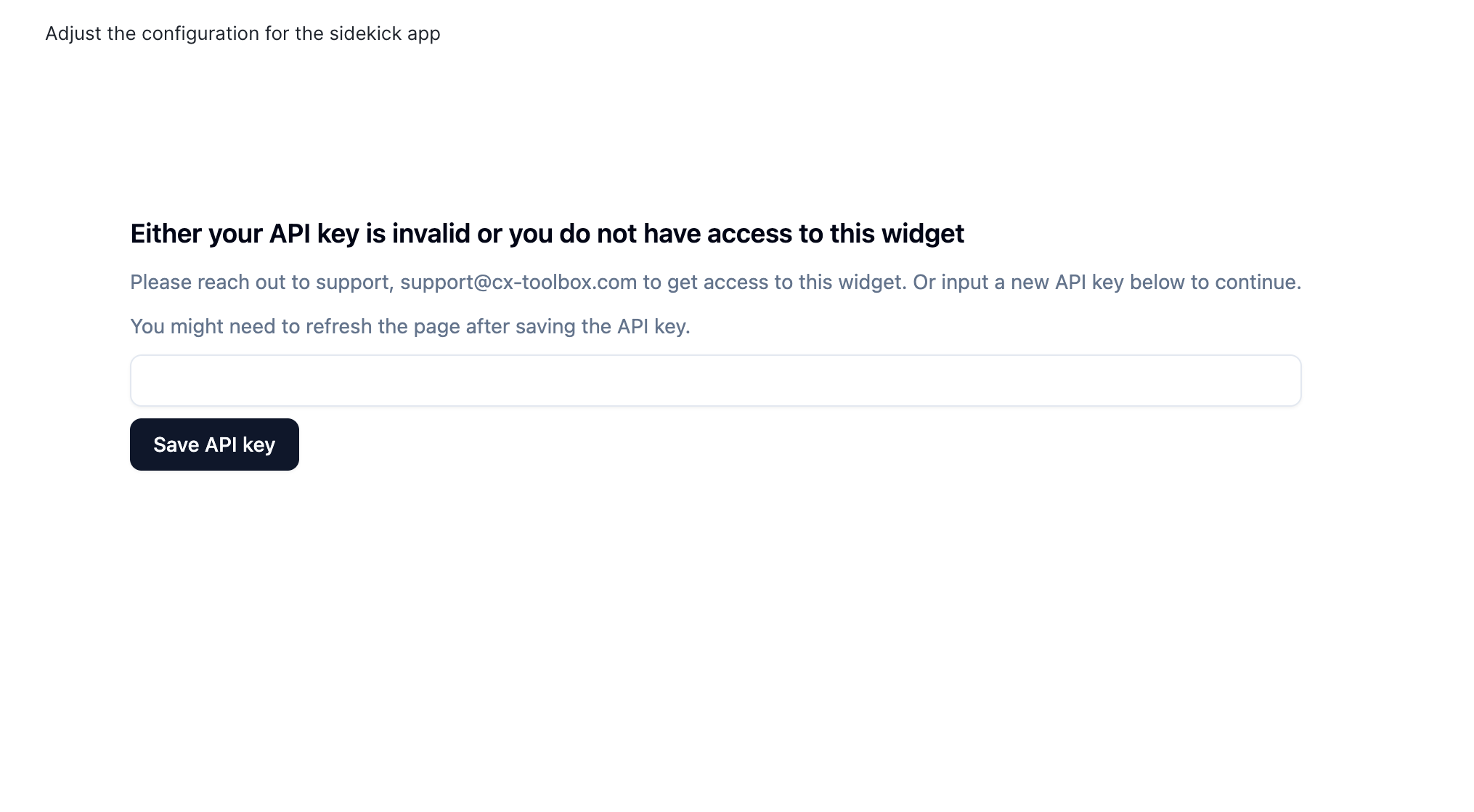 Sidekick configuration screen showing an invalid API key or access denied message with a field to save a new key.