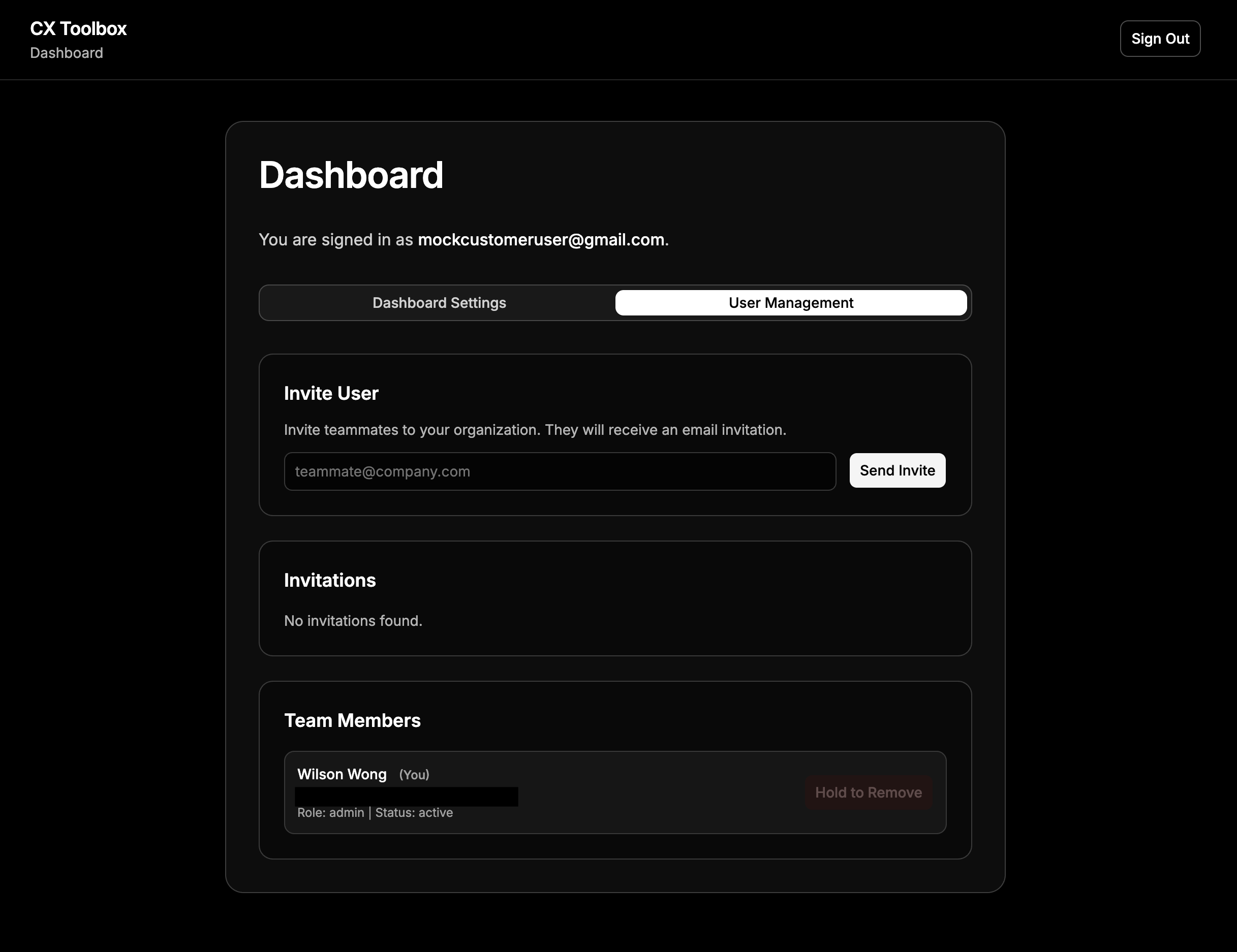 CX Toolbox Dashboard with the User Management tab selected, showing invite user, invitations list, and team members with roles.