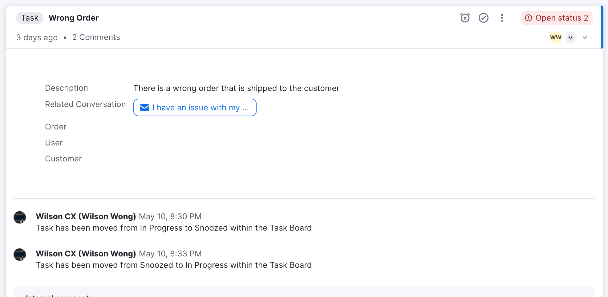 Example of assignee or attribution displayed on a task in Task Kanban.