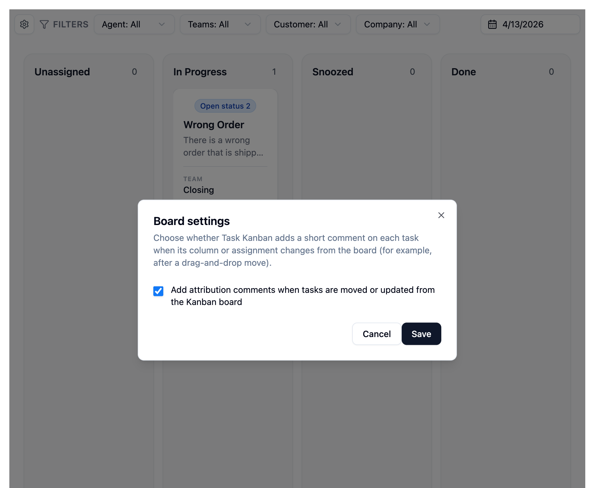 Task Kanban app settings in Kustomer: configuration options for the Task Kanban integration.
