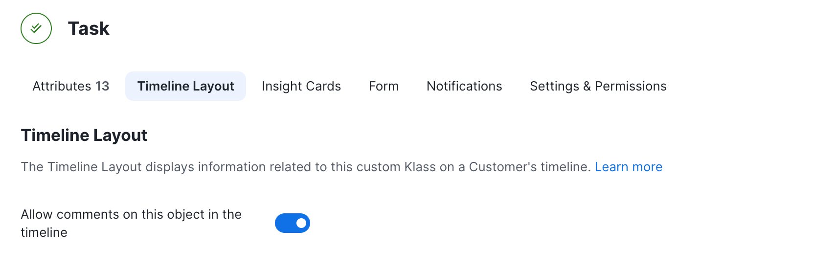 Task Kanban settings: timeline layout options including whether comments are allowed on tasks.
